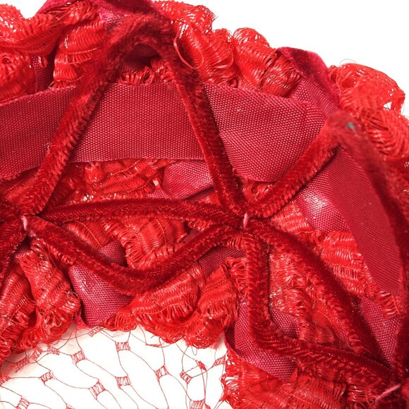 Mid-Century 60’s /clover Lane Red Cellophane Straw & Velvet Ribbon Hat Vintage main image 9